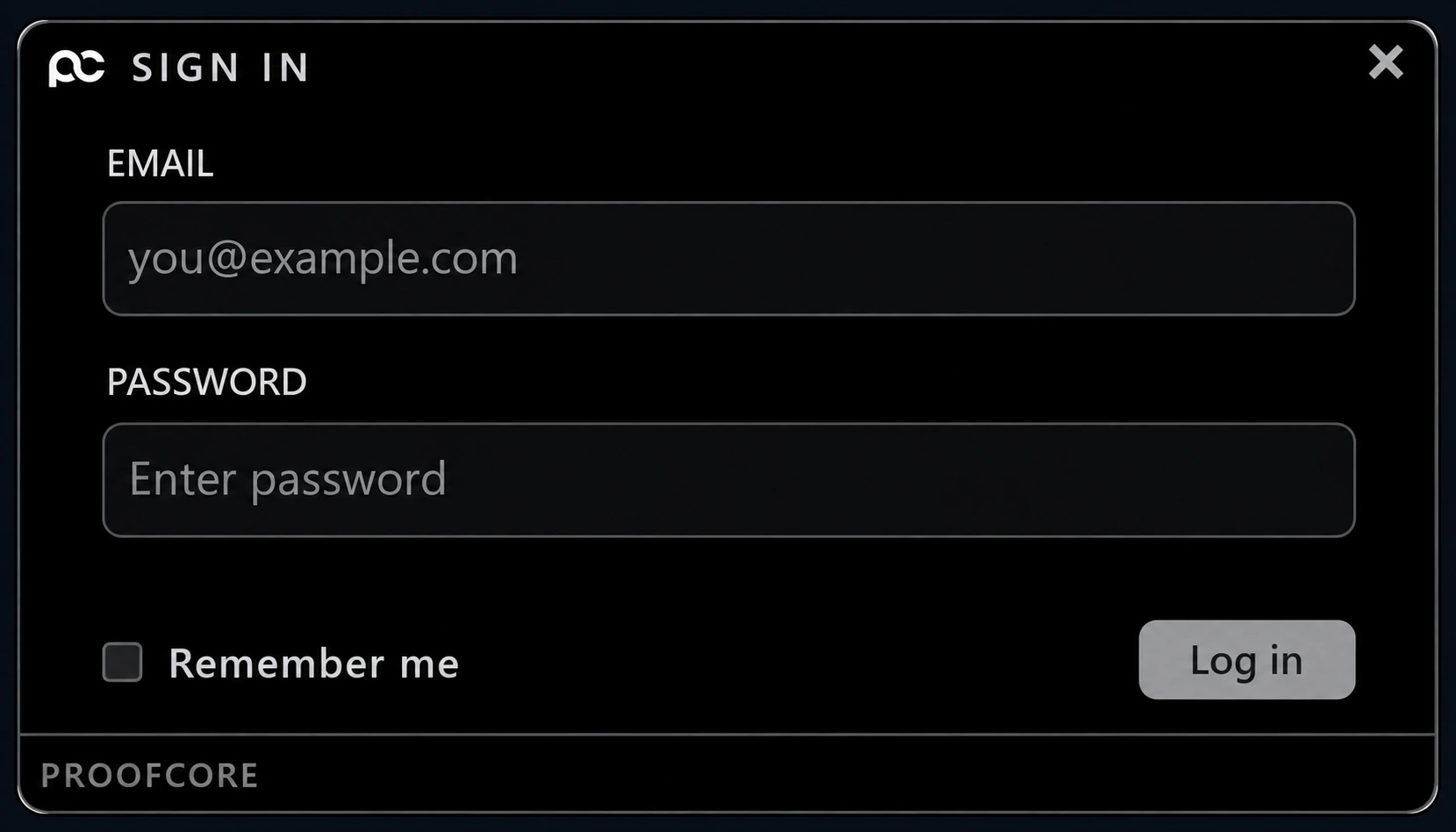 Illustration of the Proofcore loader sign-in screen.